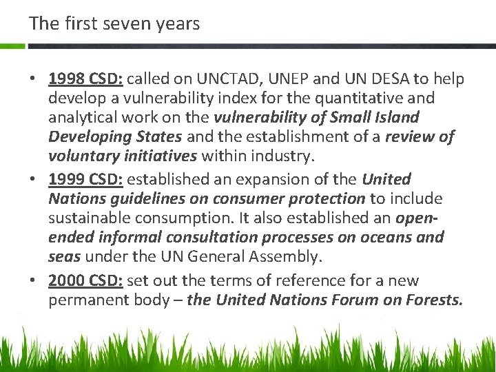 The first seven years • 1998 CSD: called on UNCTAD, UNEP and UN DESA