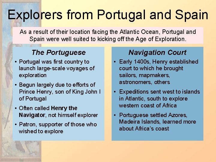 Explorers from Portugal and Spain As a result of their location facing the Atlantic