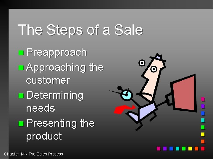The Steps of a Sale n Preapproach n Approaching the customer n Determining needs