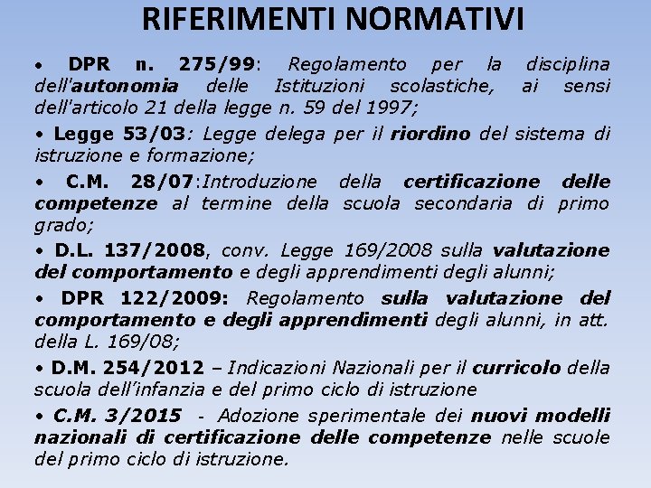 RIFERIMENTI NORMATIVI DPR n. 275/99: Regolamento per la disciplina dell'autonomia delle Istituzioni scolastiche, ai