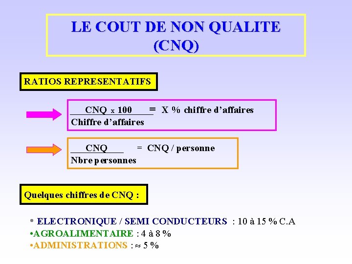 LE COUT DE NON QUALITE (CNQ) RATIOS REPRESENTATIFS CNQ X 100 = X %