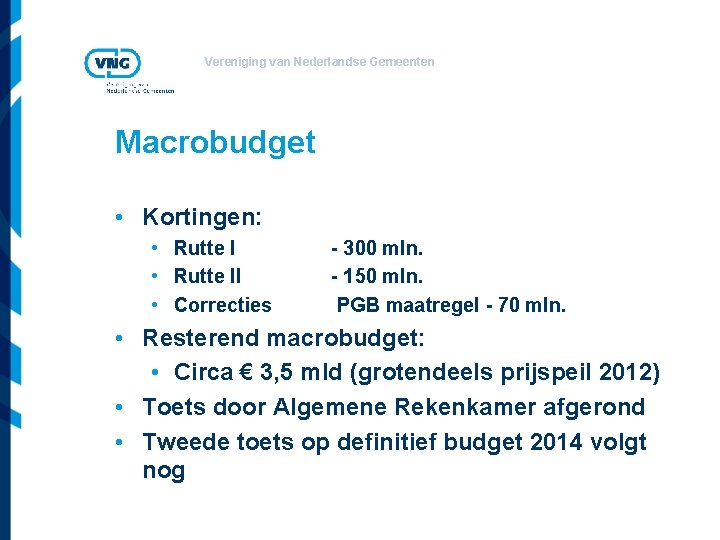 Vereniging van Nederlandse Gemeenten Macrobudget • Kortingen: • Rutte II • Correcties - 300