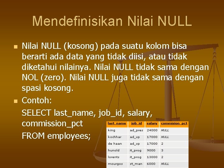 Mendefinisikan Nilai NULL n n Nilai NULL (kosong) pada suatu kolom bisa berarti ada