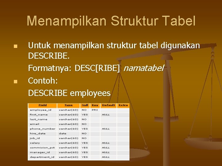 Menampilkan Struktur Tabel n n Untuk menampilkan struktur tabel digunakan DESCRIBE. Formatnya: DESC[RIBE] namatabel