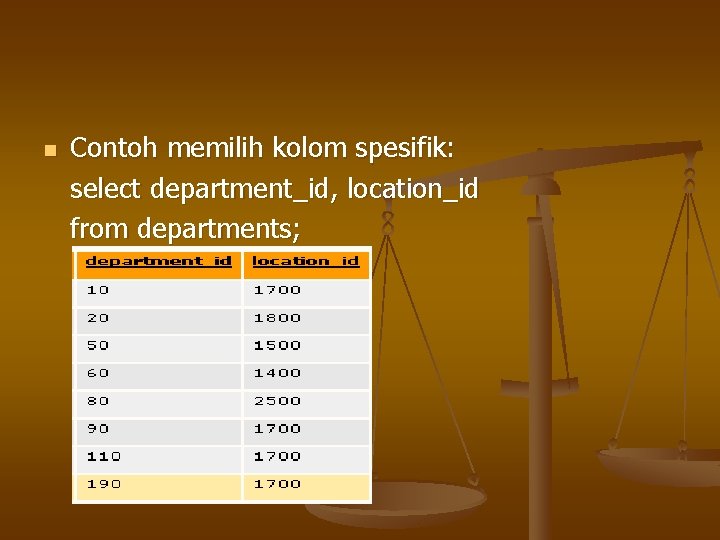 n Contoh memilih kolom spesifik: select department_id, location_id from departments; 