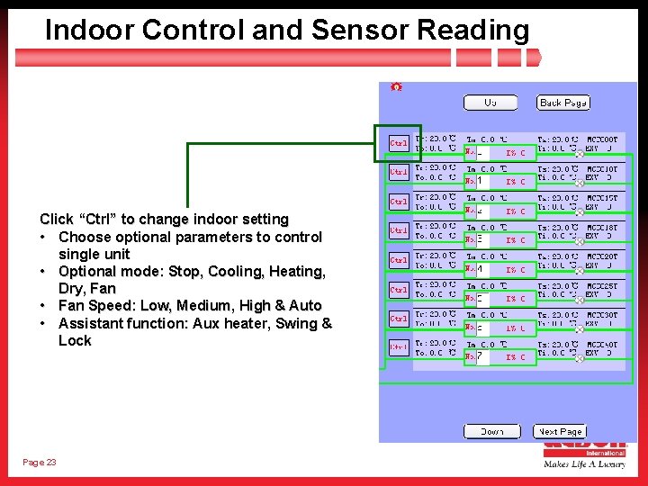 Indoor Control and Sensor Reading Click “Ctrl” to change indoor setting • Choose optional