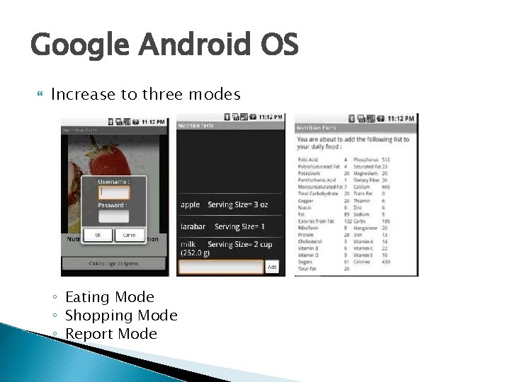 Google Android OS Increase to three modes ◦ Eating Mode ◦ Shopping Mode ◦ Google Android OS Increase to three modes ◦ Eating Mode ◦ Shopping Mode ◦