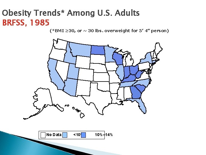 Obesity Trends* Among U. S. Adults BRFSS, 1985 (*BMI ≥ 30, or ~ 30 Obesity Trends* Among U. S. Adults BRFSS, 1985 (*BMI ≥ 30, or ~ 30