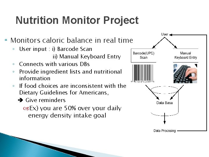 Nutrition Monitor Project Monitors caloric balance in real time ◦ User input : i) Nutrition Monitor Project Monitors caloric balance in real time ◦ User input : i)