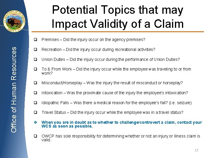 Potential Topics that may Impact Validity of a Claim Office of Human Resources q