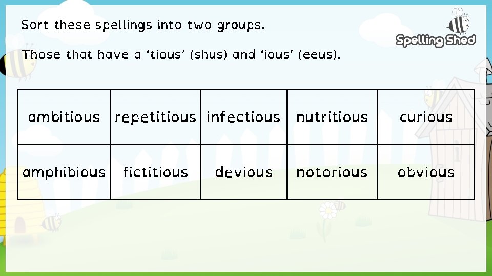 Sort these spellings into two groups. Those that have a ‘tious’ (shus) and ‘ious’