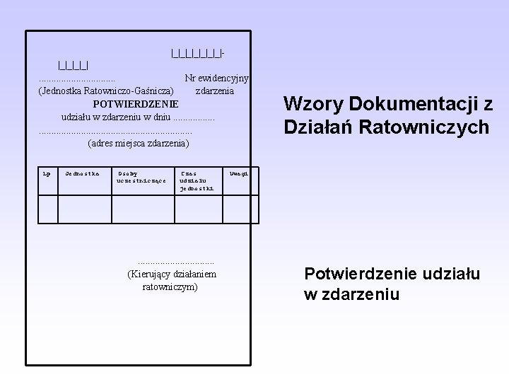  |_|_|_|_|- |_|_|. . . . Nr ewidencyjny (Jednostka Ratowniczo-Gaśnicza) zdarzenia POTWIERDZENIE udziału w