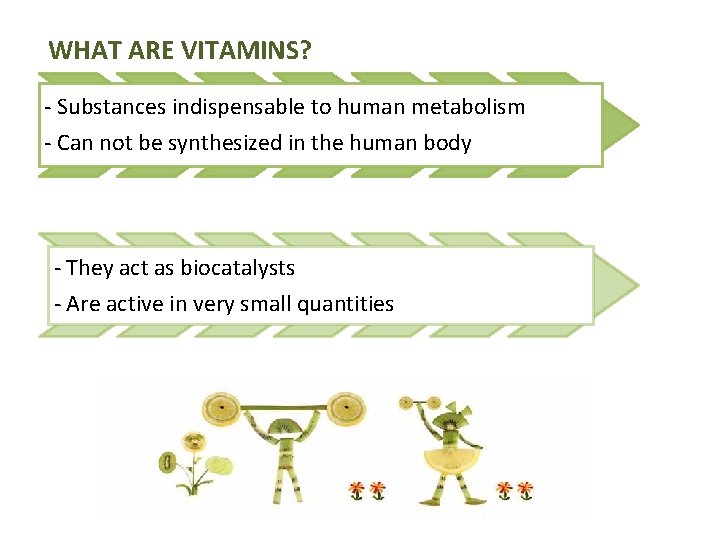 WHAT ARE VITAMINS? - Substances indispensable to human metabolism - Can not be synthesized WHAT ARE VITAMINS? - Substances indispensable to human metabolism - Can not be synthesized