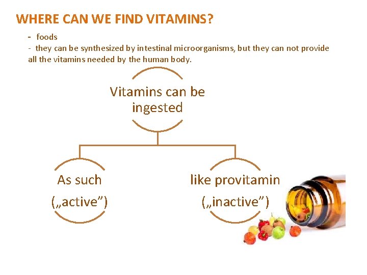 WHERE CAN WE FIND VITAMINS? - foods - they can be synthesized by intestinal WHERE CAN WE FIND VITAMINS? - foods - they can be synthesized by intestinal