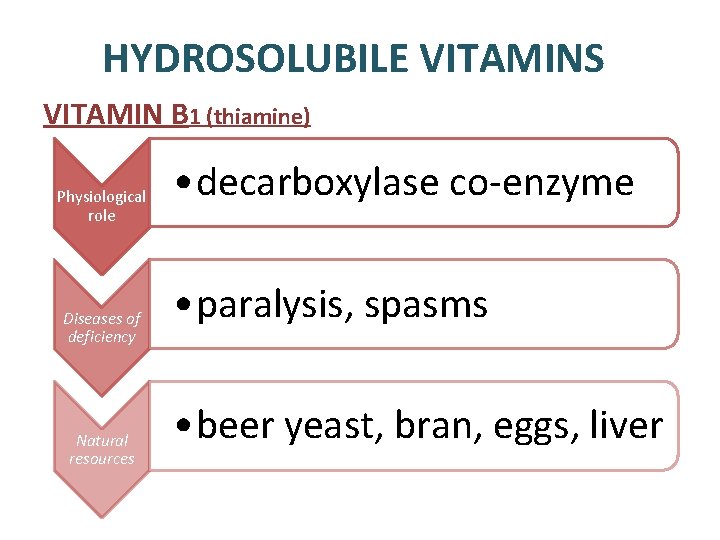 HYDROSOLUBILE VITAMINS VITAMIN B 1 (thiamine) Physiological role Diseases of deficiency Natural resources • HYDROSOLUBILE VITAMINS VITAMIN B 1 (thiamine) Physiological role Diseases of deficiency Natural resources •