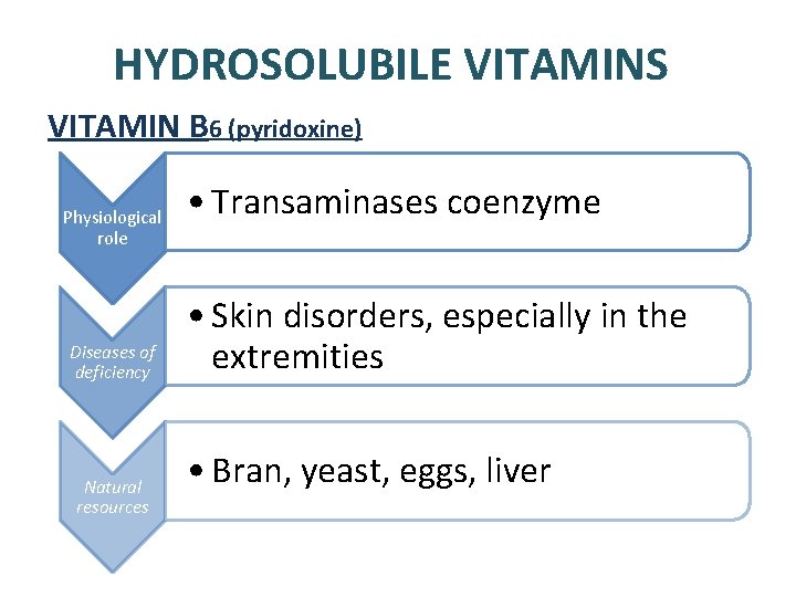 HYDROSOLUBILE VITAMINS VITAMIN B 6 (pyridoxine) Physiological role Diseases of deficiency Natural resources • HYDROSOLUBILE VITAMINS VITAMIN B 6 (pyridoxine) Physiological role Diseases of deficiency Natural resources •