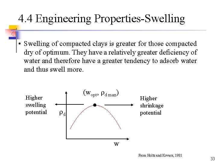 4. 4 Engineering Properties-Swelling • Swelling of compacted clays is greater for those compacted