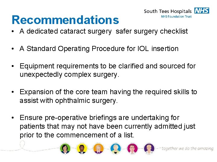 Recommendations • A dedicated cataract surgery safer surgery checklist • A Standard Operating Procedure