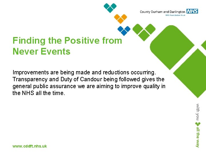 Finding the Positive from Never Events Improvements are being made and reductions occurring. Transparency