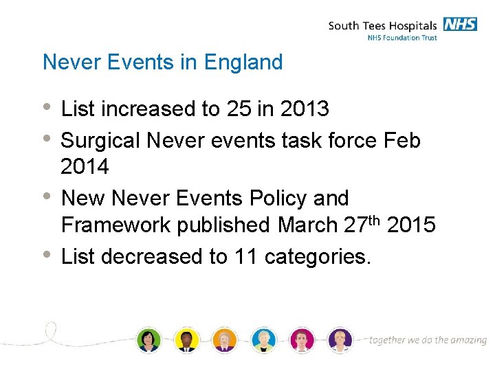 Never Events in England • List increased to 25 in 2013 • Surgical Never