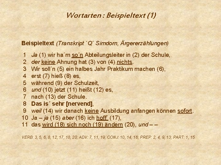 Wortarten : Beispieltext (1) Beispieltext (Transkript ´Q´ Simdorn, Ärgererzählungen). 1 2 3 4 5