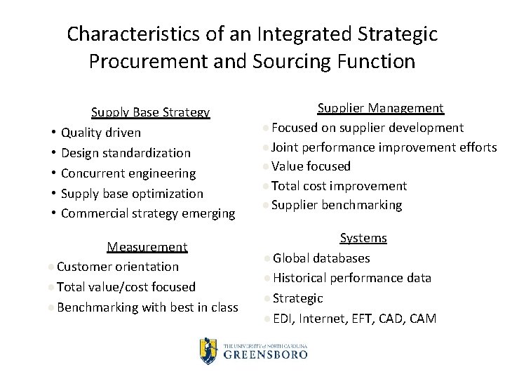 Characteristics of an Integrated Strategic Procurement and Sourcing Function • • • Supply Base