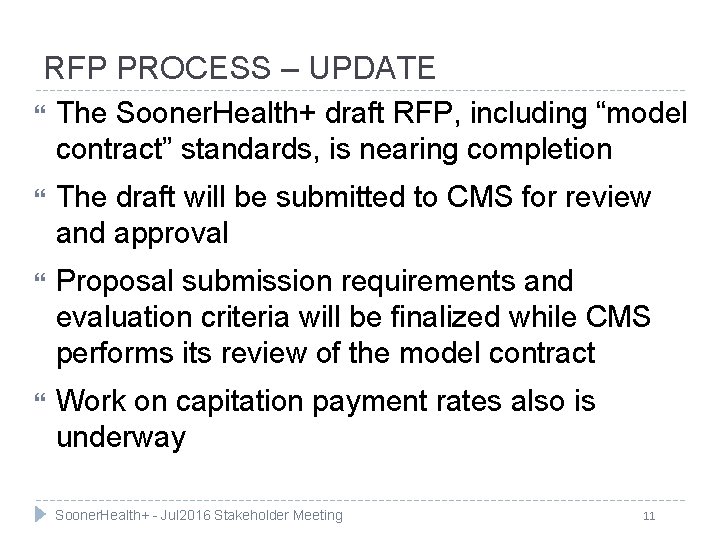 RFP PROCESS – UPDATE The Sooner. Health+ draft RFP, including “model contract” standards, is