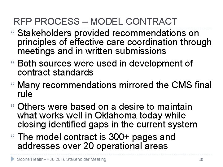 RFP PROCESS – MODEL CONTRACT Stakeholders provided recommendations on principles of effective care coordination