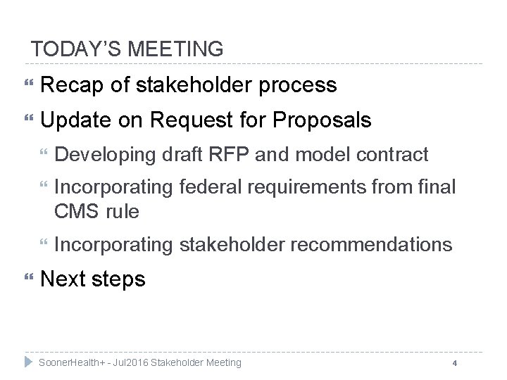 TODAY’S MEETING Recap of stakeholder process Update on Request for Proposals Developing draft RFP