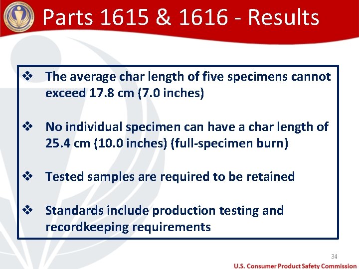 Parts 1615 & 1616 - Results v The average char length of five specimens