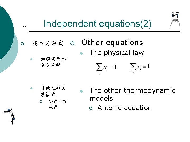 Independent equations(2) 11 ¡ 獨立方程式 ¡ l 物理定律與 定義定律 l 其他之熱力 學模式 ¡ 安東尼方 Independent equations(2) 11 ¡ 獨立方程式 ¡ l 物理定律與 定義定律 l 其他之熱力 學模式 ¡ 安東尼方