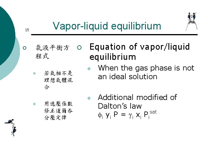 Vapor-liquid equilibrium 15 ¡ 氣液平衡方 ¡ 程式 l l 若氣相不是 理想氣體混 合 用逸壓係數 修正道爾吞 Vapor-liquid equilibrium 15 ¡ 氣液平衡方 ¡ 程式 l l 若氣相不是 理想氣體混 合 用逸壓係數 修正道爾吞