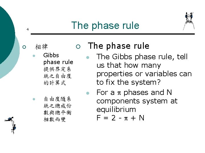 The phase rule 4 ¡ 相律 l Gibbs phase rule 提供界定系 統之自由度 的計算式 ¡ The phase rule 4 ¡ 相律 l Gibbs phase rule 提供界定系 統之自由度 的計算式 ¡