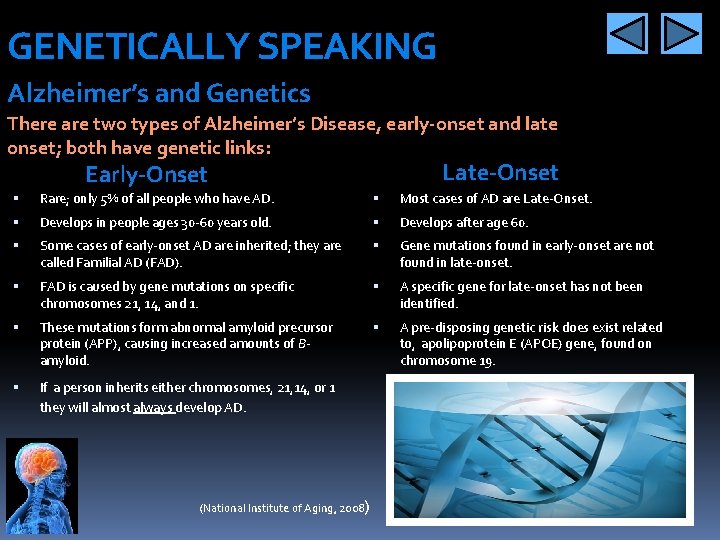 GENETICALLY SPEAKING Alzheimer’s and Genetics There are two types of Alzheimer’s Disease, early-onset and