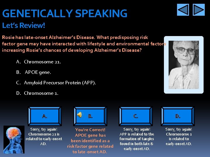 GENETICALLY SPEAKING Let’s Review! Rosie has late-onset Alzheimer’s Disease. What predisposing risk factor gene