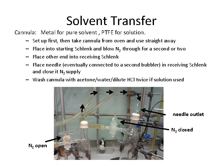 Solvent Transfer Cannula: Metal for pure solvent , PTFE for solution. Set up first, Solvent Transfer Cannula: Metal for pure solvent , PTFE for solution. Set up first,