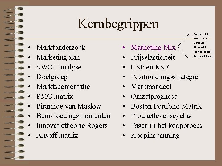 Kernbegrippen Productbeleid Prijsstrategie • • • Marktonderzoek Marketingplan SWOT analyse Doelgroep Marktsegmentatie PMC matrix