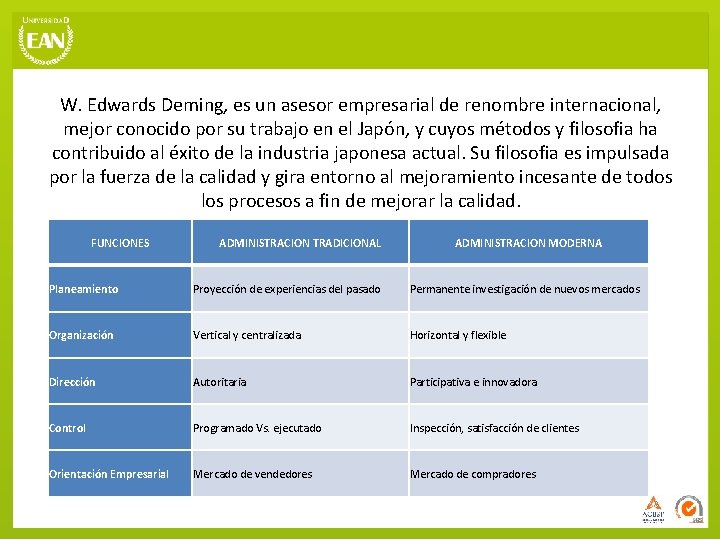 W. Edwards Deming, es un asesor empresarial de renombre internacional, mejor conocido por su