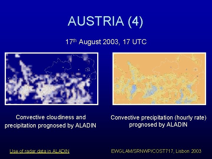 AUSTRIA (4) 17 th August 2003, 17 UTC Convective cloudiness and precipitation prognosed by AUSTRIA (4) 17 th August 2003, 17 UTC Convective cloudiness and precipitation prognosed by