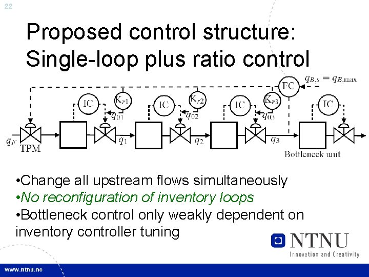22 Proposed control structure: Single-loop plus ratio control • Change all upstream flows simultaneously