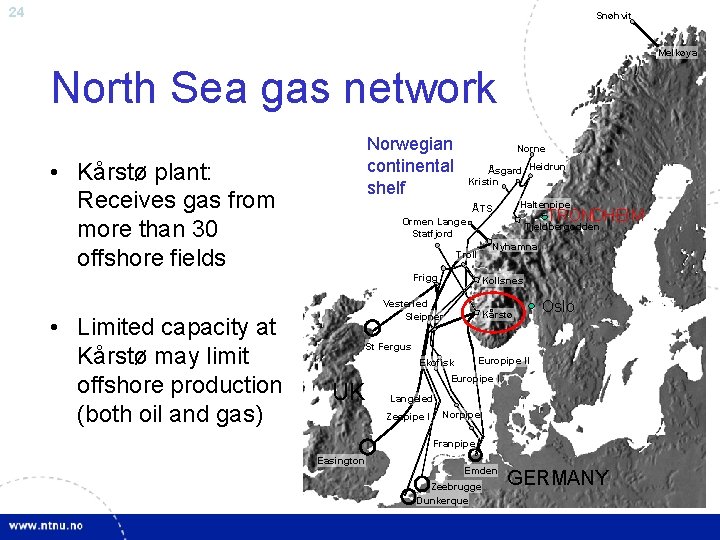 24 Snøhvit Melkøya North Sea gas network Norwegian continental shelf • Kårstø plant: Receives