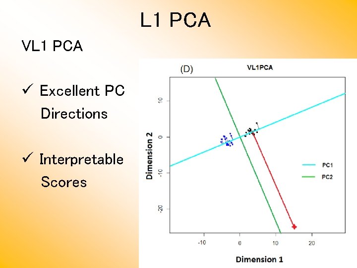 L 1 PCA VL 1 PCA ü Excellent PC Directions ü Interpretable Scores 