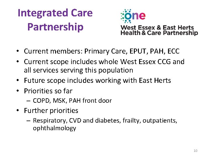 Integrated Care Partnership • Current members: Primary Care, EPUT, PAH, ECC • Current scope