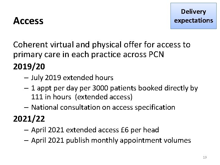 Access Delivery expectations Coherent virtual and physical offer for access to primary care in