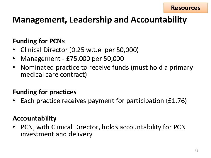 Resources Management, Leadership and Accountability Funding for PCNs • Clinical Director (0. 25 w.