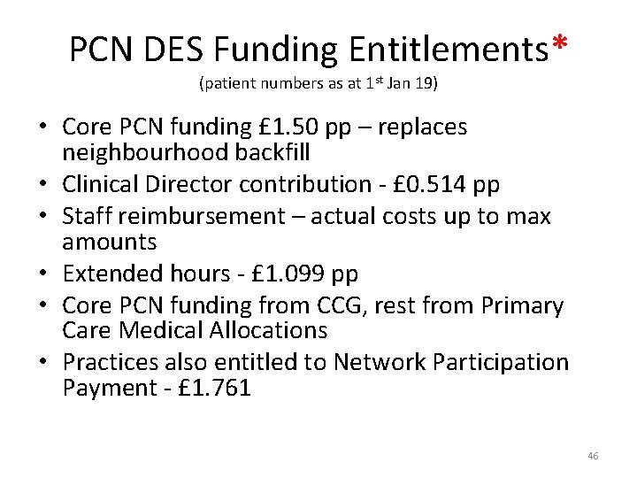 PCN DES Funding Entitlements* (patient numbers as at 1 st Jan 19) • Core