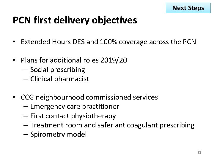 Next Steps PCN first delivery objectives • Extended Hours DES and 100% coverage across