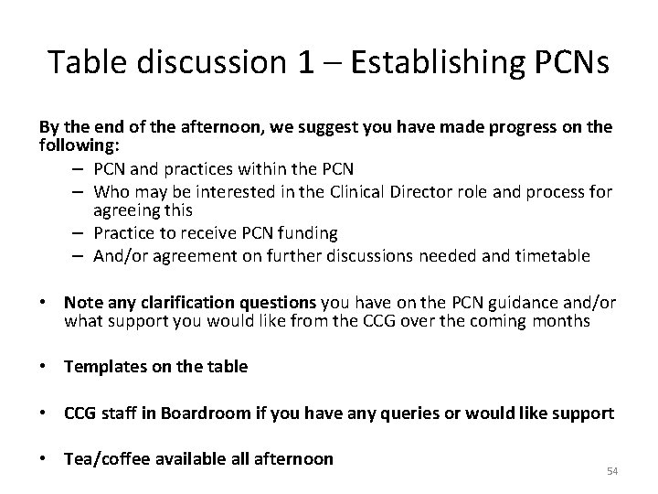 Table discussion 1 – Establishing PCNs By the end of the afternoon, we suggest