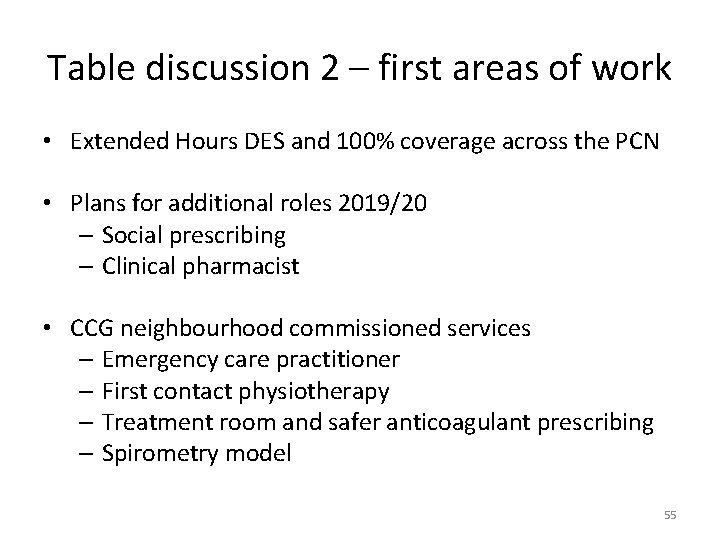 Table discussion 2 – first areas of work • Extended Hours DES and 100%