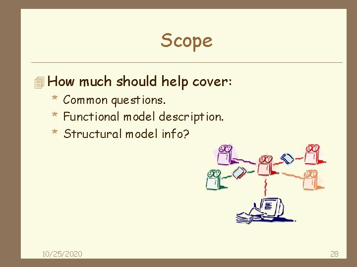 Scope 4 How much should help cover: * Common questions. * Functional model description.